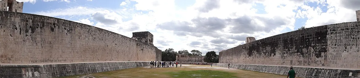 Panorama of the Great Ball Court reward after the drive to Chichen Itza, Yucatan, Mexico