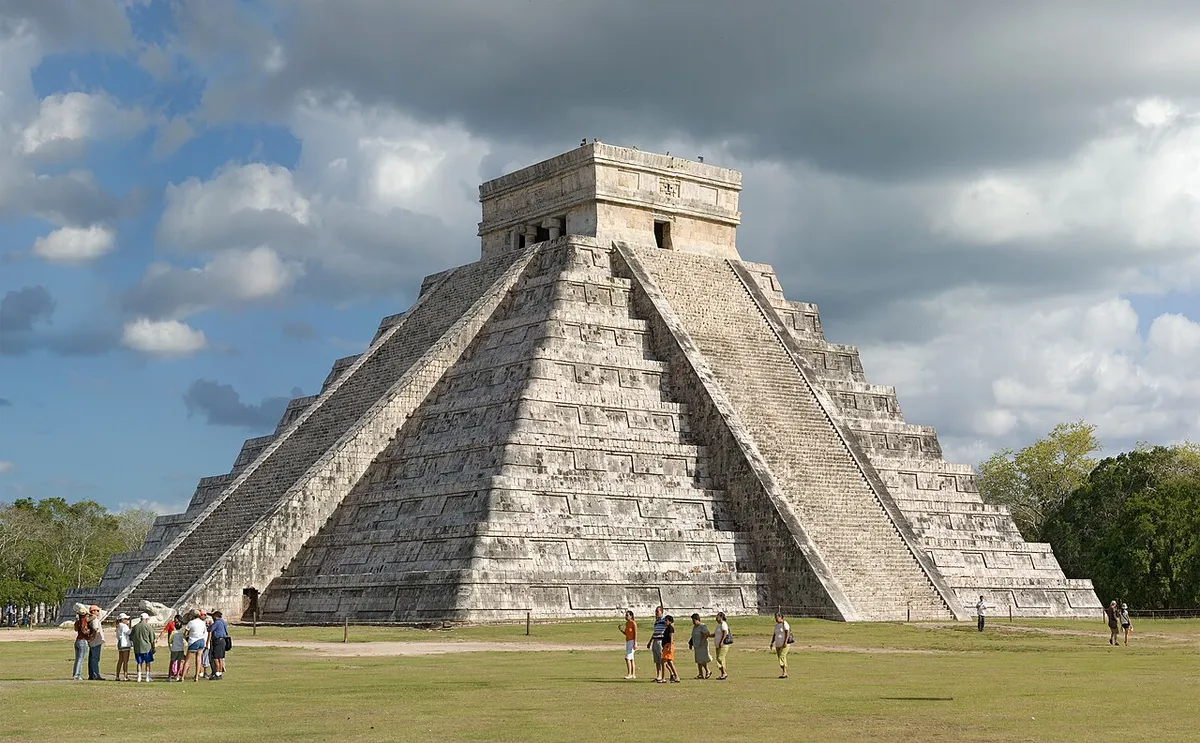 Panoramic view of El Castillo pyramid and the great plaza paid for by the Chichen Itza ticket price in Yucatan, Mexico