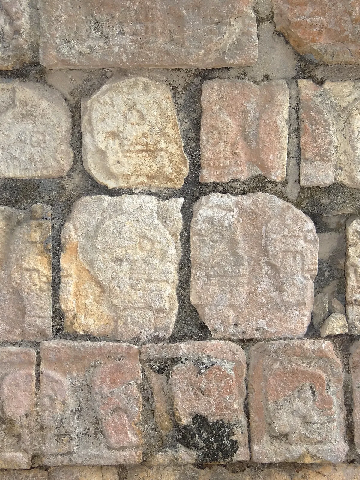 Carved skulls on the Platform of the Skulls covered by the Chichen Itza entry ticket, Yucatan, Mexico