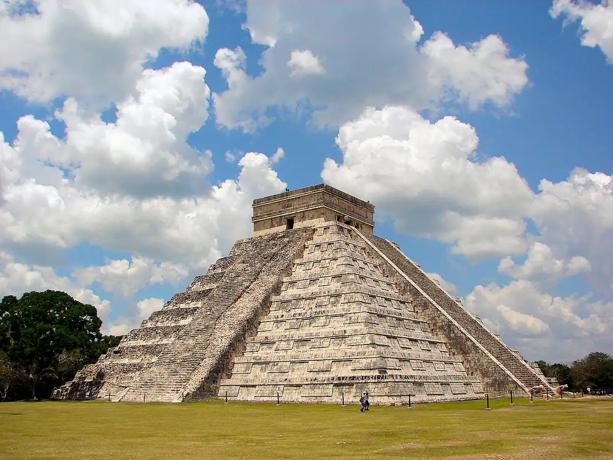 El Castillo pyramid seen from the east lawn inside the Chichen Itza archaeological zone in Yucatan, Mexico